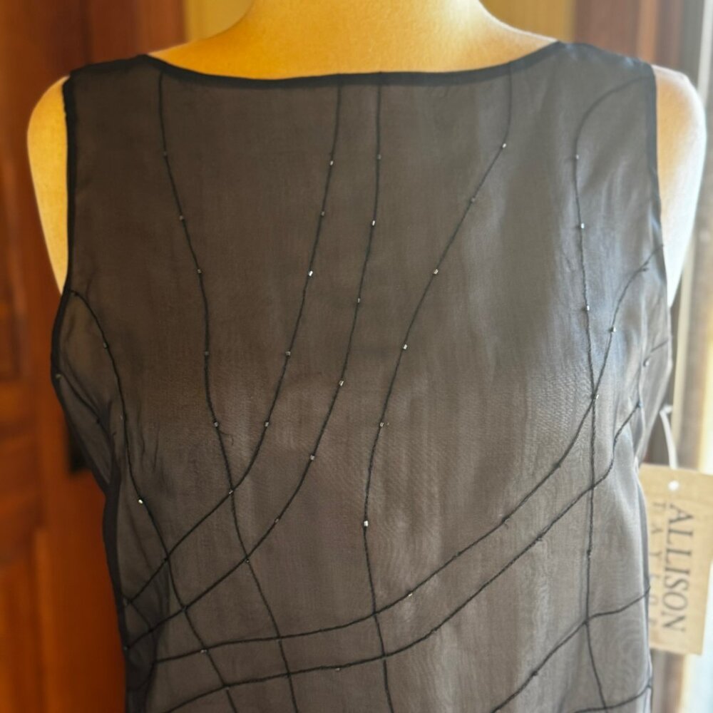Allison Taylor vint gray silk sleeveless top/abstract beaded overlay, SZ 12, NWT - Picture 2 of 10